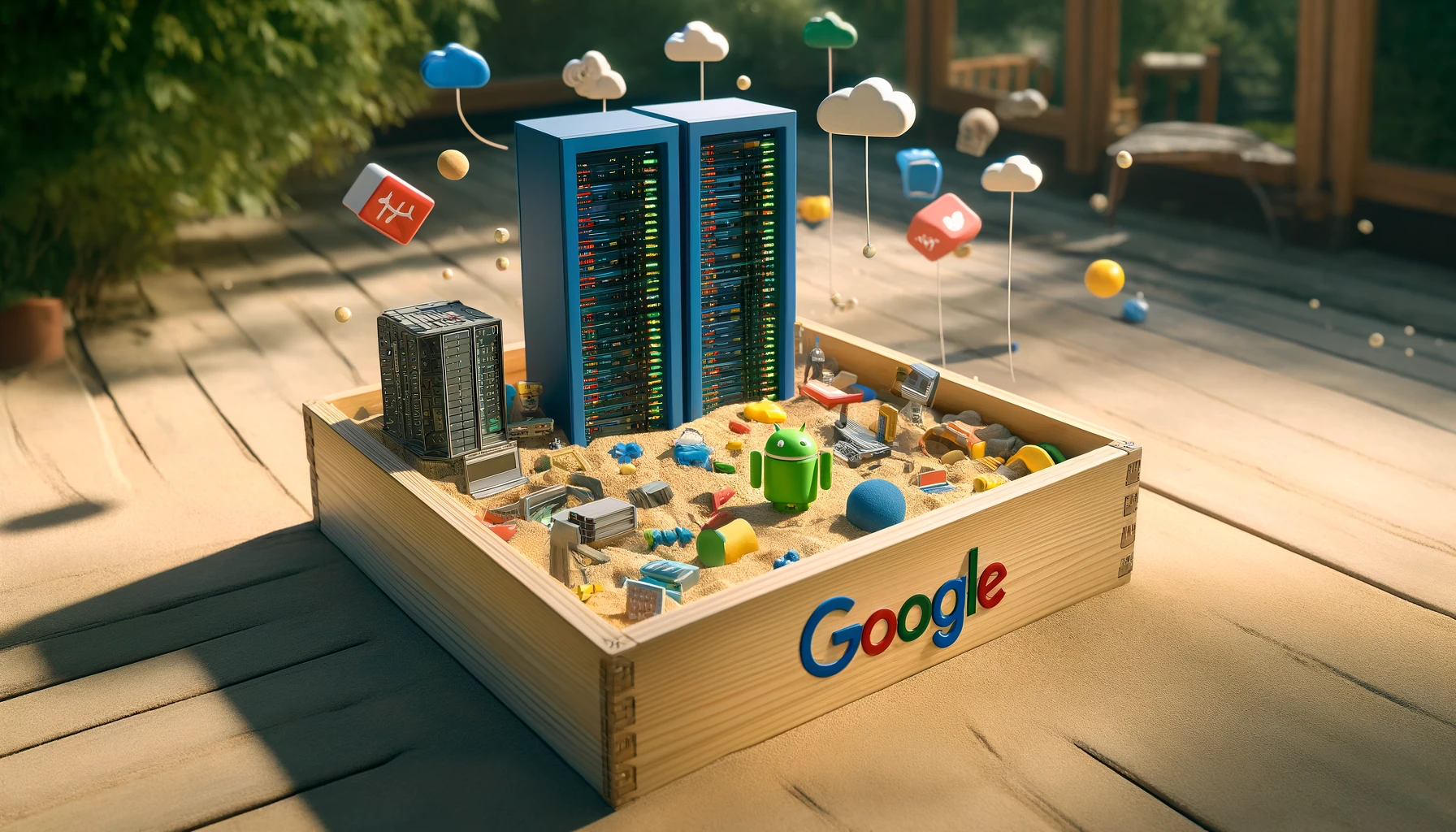 Een zandbak met het Google-logo op de rand, gevuld met serverkasten, app-icoontjes en het Android-mannetje