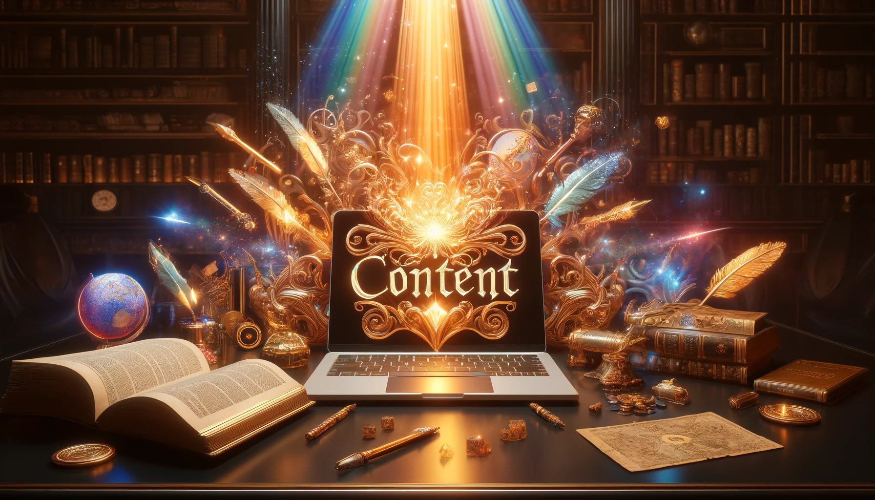 Een laptop waar het woord Content in gouden letters uit oplicht, omringd door boeken en ganzenveren