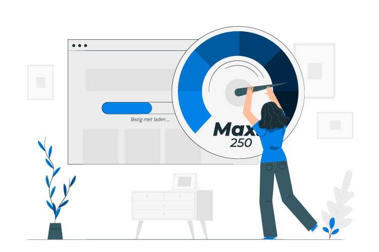 Een vrouw duwt de wijzer van een snelheidsmeter naar Max 250, naast een browservenster met de melding Bezig met laden