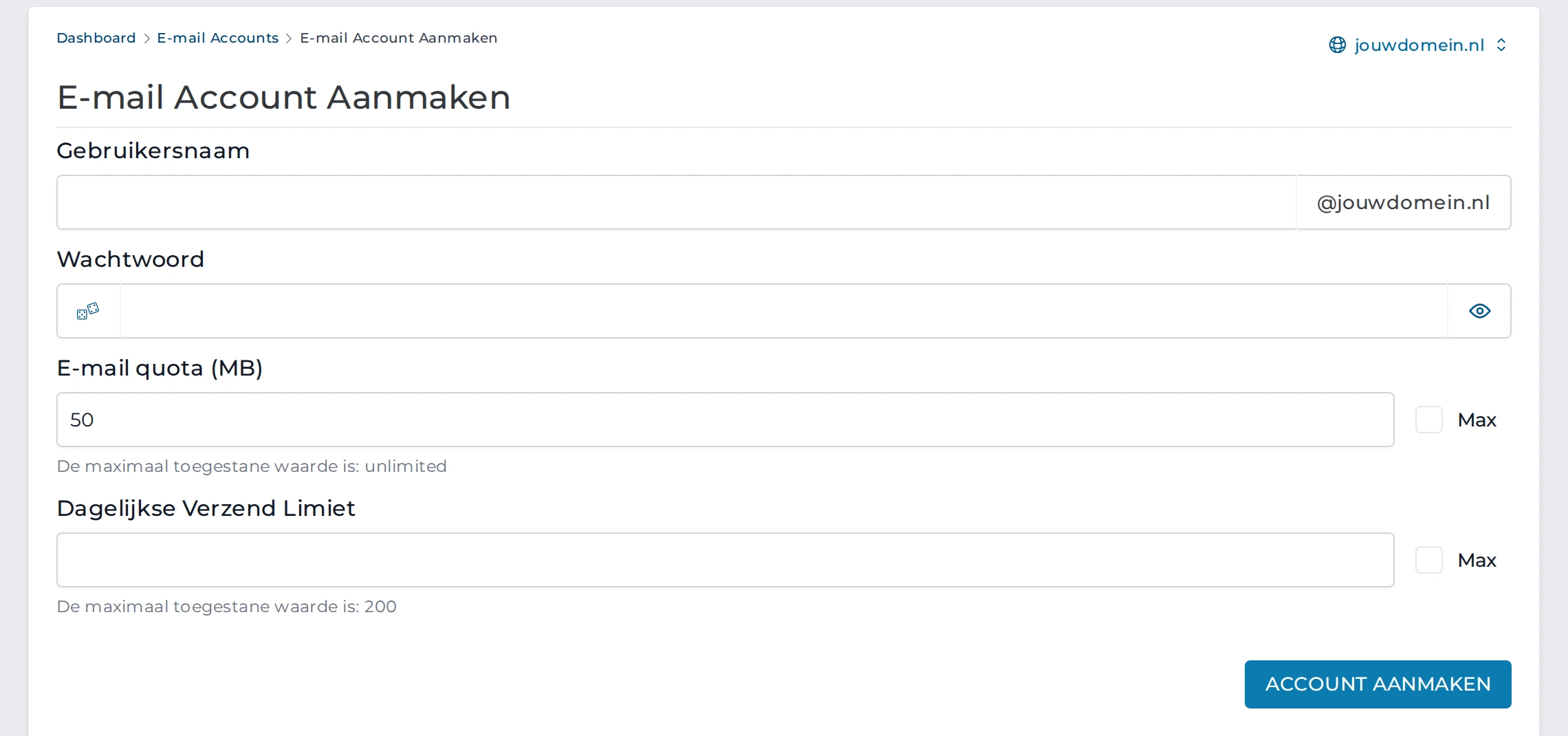 Het formulier E-mail Account Aanmaken met de velden Gebruikersnaam, Wachtwoord, E-mail quota en Dagelijkse Verzend Limiet