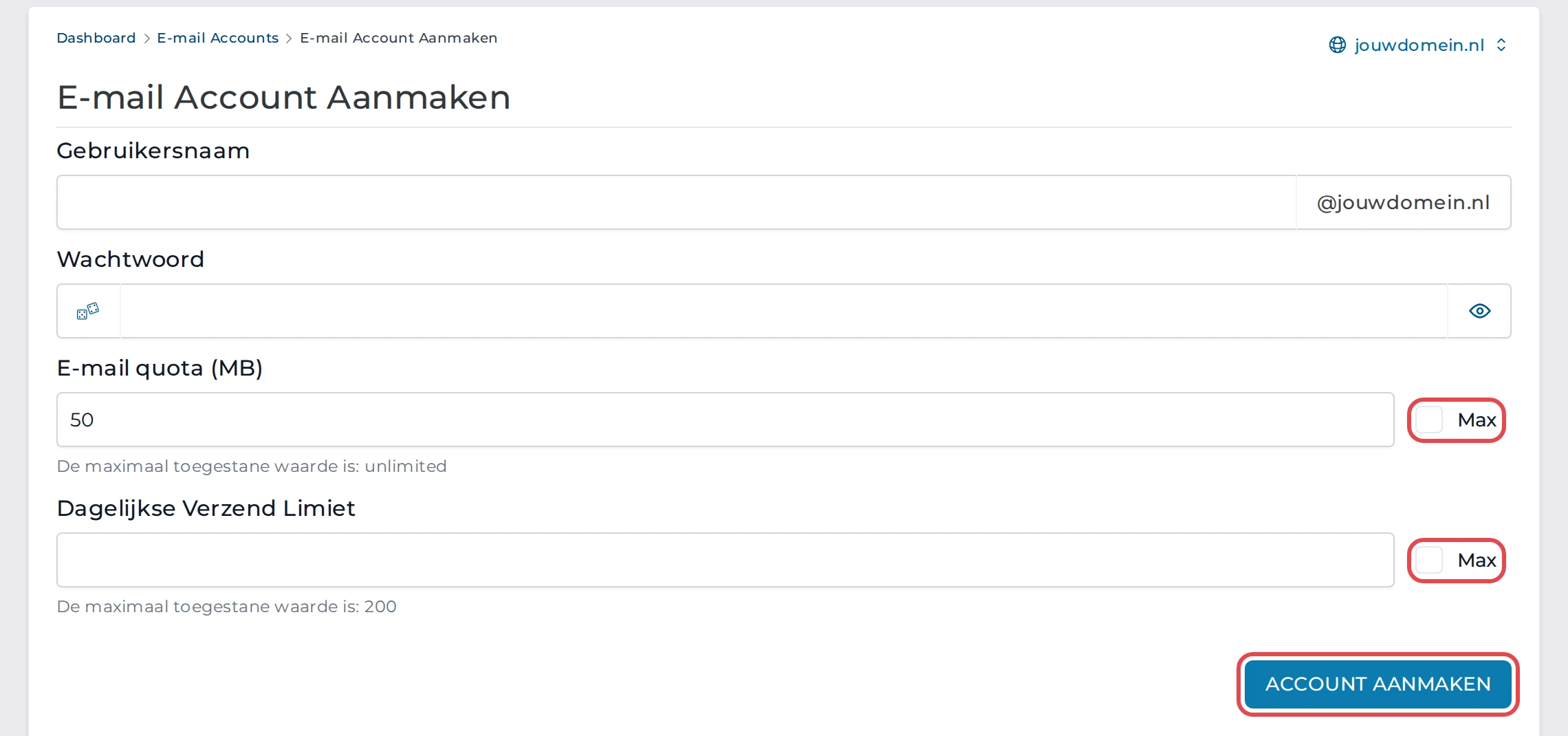 Het formulier met de twee vinkjes Max en de knop ACCOUNT AANMAKEN gemarkeerd