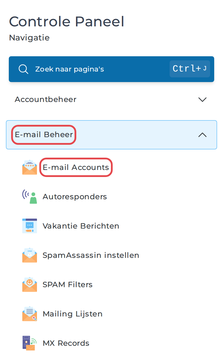 Het uitgeklapte menu E-mail Beheer met de optie E-mail Accounts in het hostingpaneel