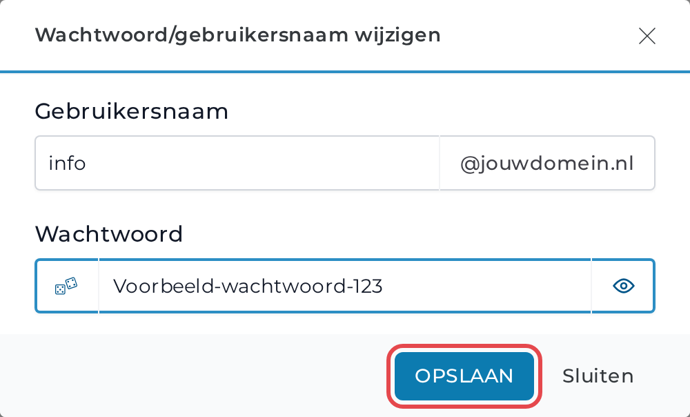 Het venster Wachtwoord/gebruikersnaam wijzigen met een ingevuld voorbeeldwachtwoord en de knop OPSLAAN