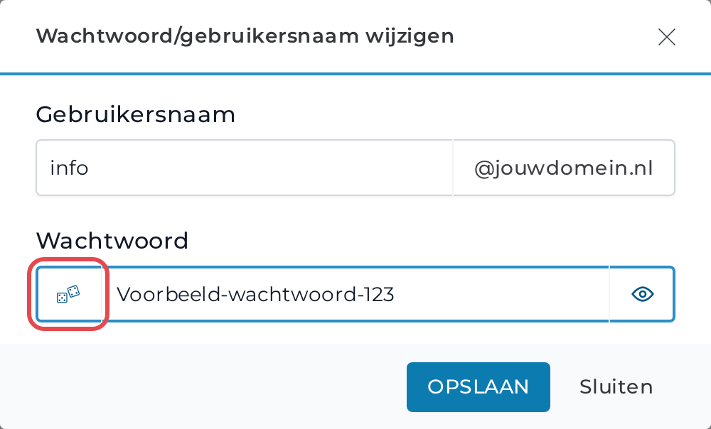 Het venster Wachtwoord/gebruikersnaam wijzigen met de dobbelsteenknop om een wachtwoord te maken