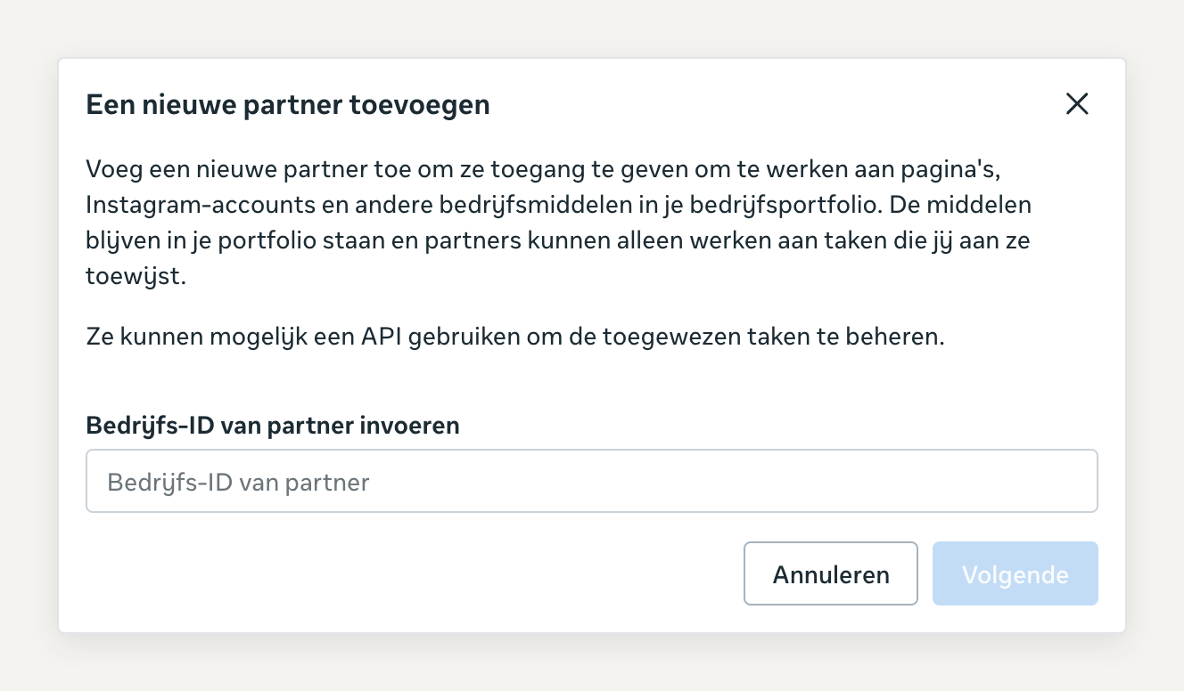 Het venster Een nieuwe partner toevoegen met het veld Bedrijfs-ID van partner invoeren