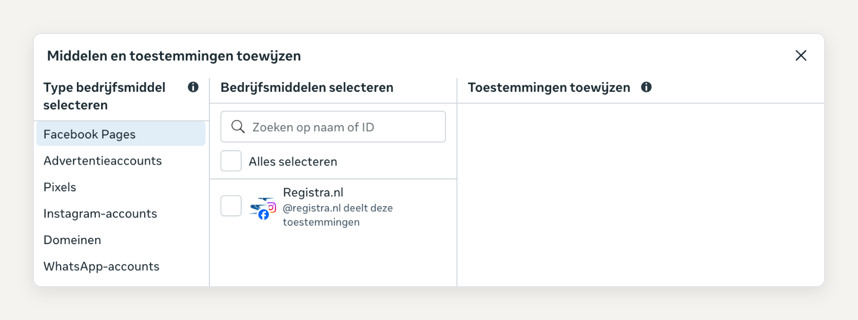 Het venster Middelen en toestemmingen toewijzen met links de typen Facebook Pages, Advertentieaccounts, Pixels, Instagram-accounts, Domeinen en WhatsApp-accounts
