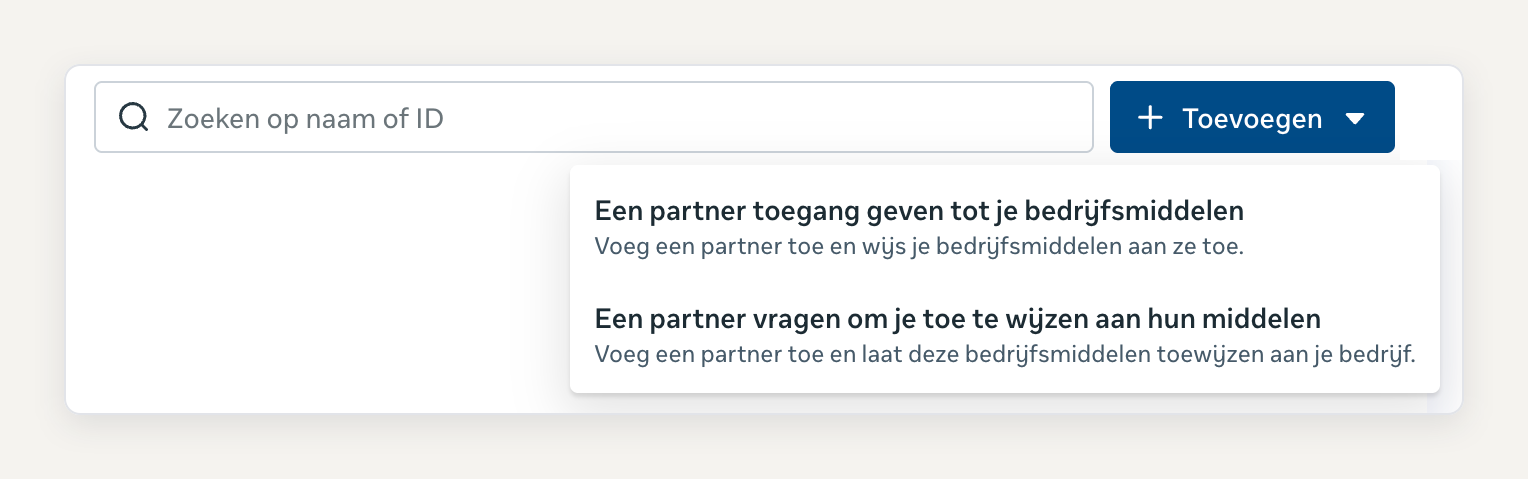 Het uitklapmenu onder de knop Toevoegen met de keuze Een partner toegang geven tot je bedrijfsmiddelen
