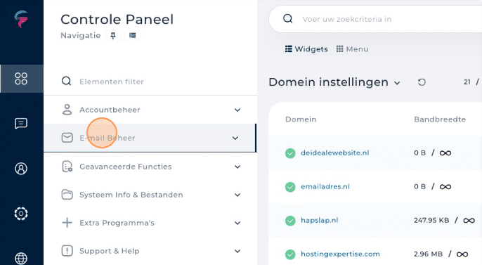 Het menu E-mail Beheer in het hostingpaneel