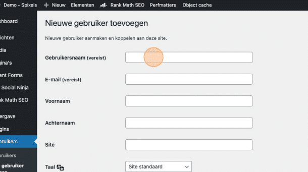 Het formulier met de velden gebruikersnaam, e-mail en voornaam