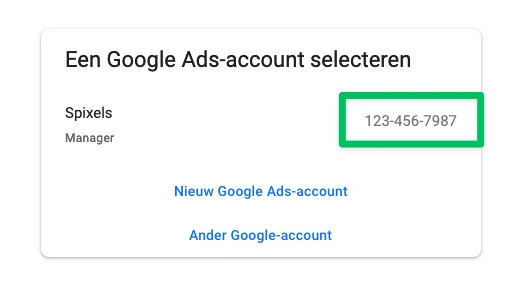 Het keuzescherm van Google Ads waarin het accountnummer onder de accountnaam staat