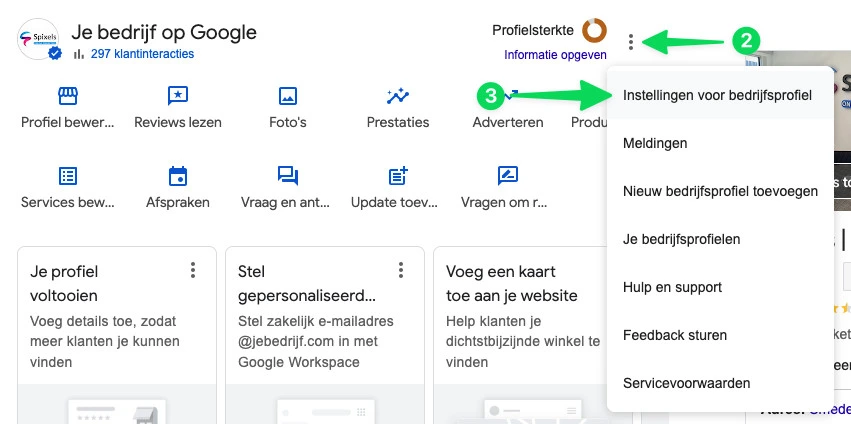 De drie puntjes rechtsboven het bedrijfsprofiel met de optie Instellingen voor bedrijfsprofiel