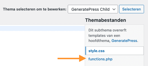De bestandenlijst rechts in de thema-editor, met functions.php aangeklikt