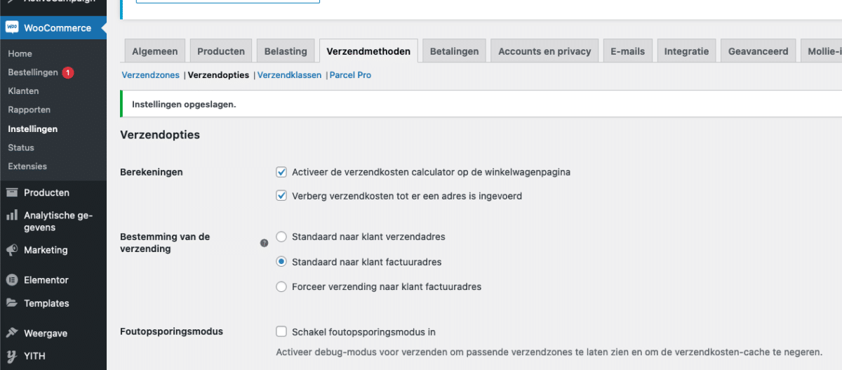 De verzendopties in WooCommerce met het vinkje bij Foutopsporingsmodus uitgeschakeld