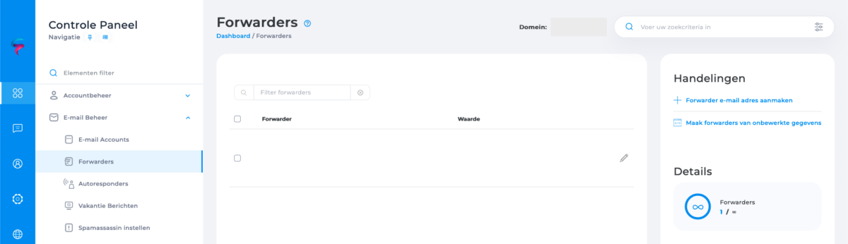 Het menu E-mail Beheer in het hostingpaneel, met daaronder de optie Forwarders