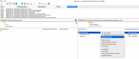 De themamap onder wp-content/themes geopend in FileZilla