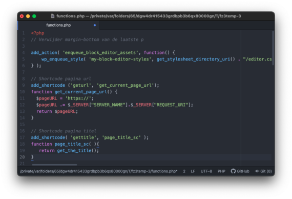 Het bestand functions.php geopend in een tekstbewerker met de snippet erin geplakt