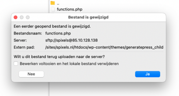 Het venster in FileZilla waarin je de gewijzigde functions.php terug uploadt
