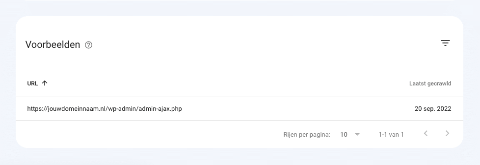 De detailweergave in Search Console met de URL die Google niet kan indexeren