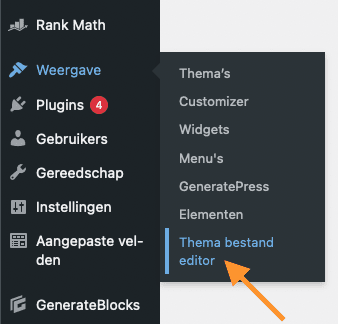 Het menu Weergave in WordPress met de optie Thema bestand editor