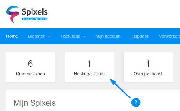Het menu Hostingaccount in Mijn Spixels