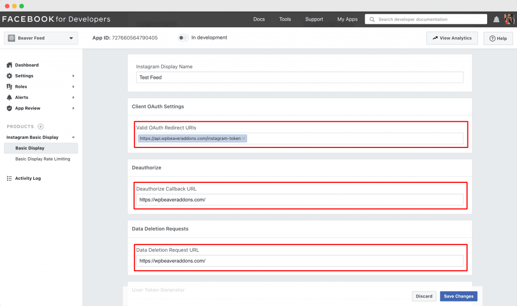 De velden voor de OAuth Redirect URI, de Deauthorize Callback URL en de Data Deletion Request URL