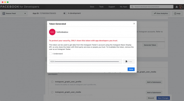 De sectie User Token Generator met het gegenereerde Instagram access token