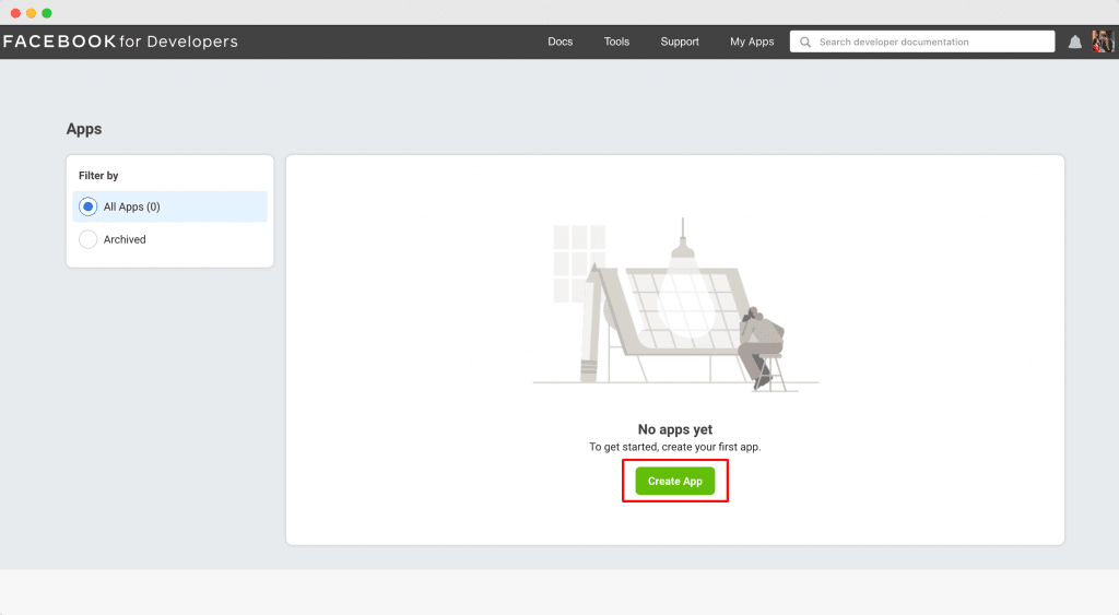 De knop Create App in het overzicht met apps