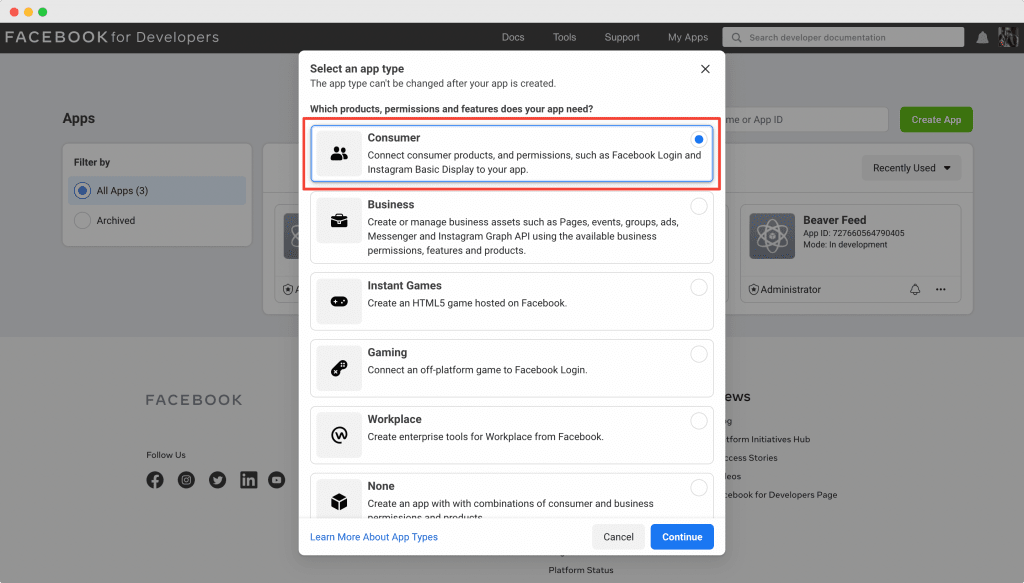 De popup waarin je Consumer kiest als type app