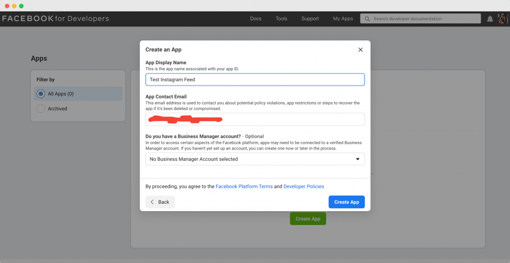 Het formulier met de velden App Display Name en App Contact Email