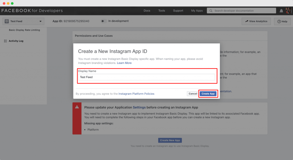 De popup Create a New Instagram App ID met het veld Display Name