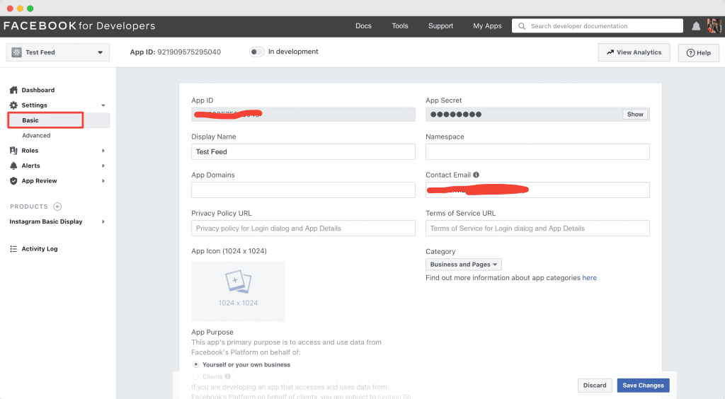 Het scherm Settings en Basic met de basisinstellingen van de app, waaronder App ID en App secret