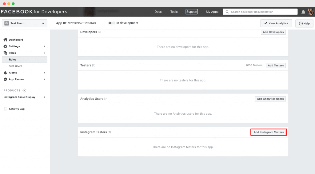 De sectie Tester onder Dashboard en Roles met de knop Add testers