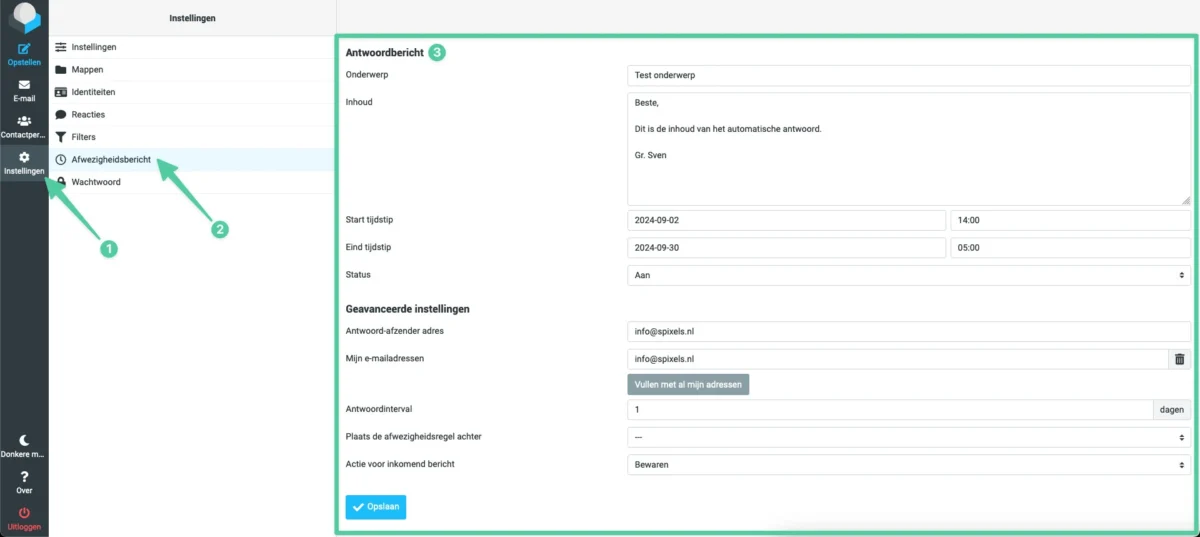 Het instellingenscherm voor een afwezigheidsbericht in RoundCube Webmail