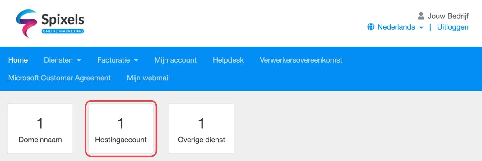 Het overzicht in Mijn Spixels met de tegel Hostingaccount