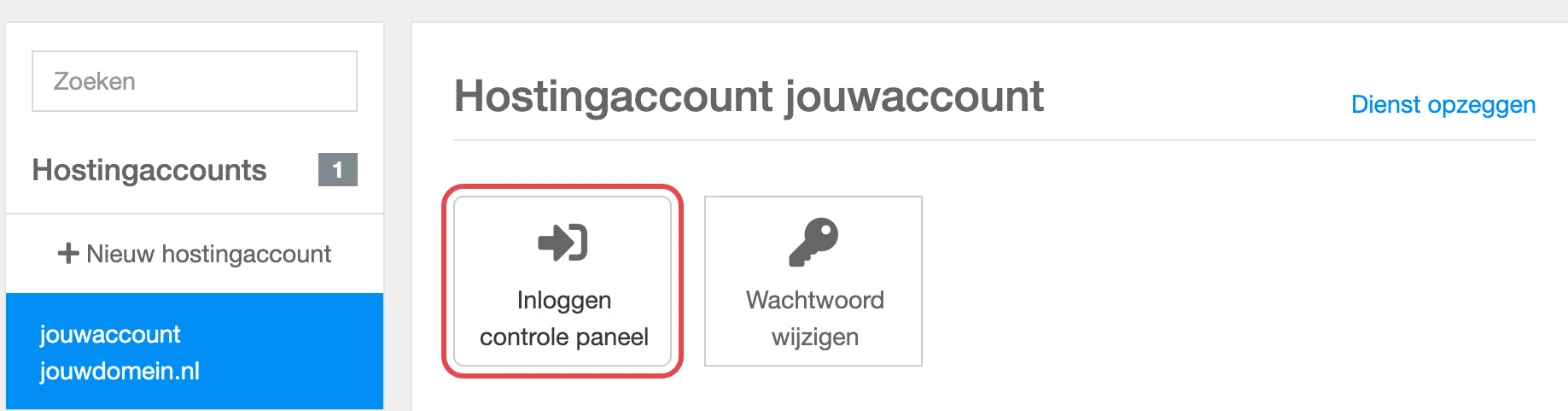 De knop Inloggen controle paneel bij een hostingaccount in Mijn Spixels