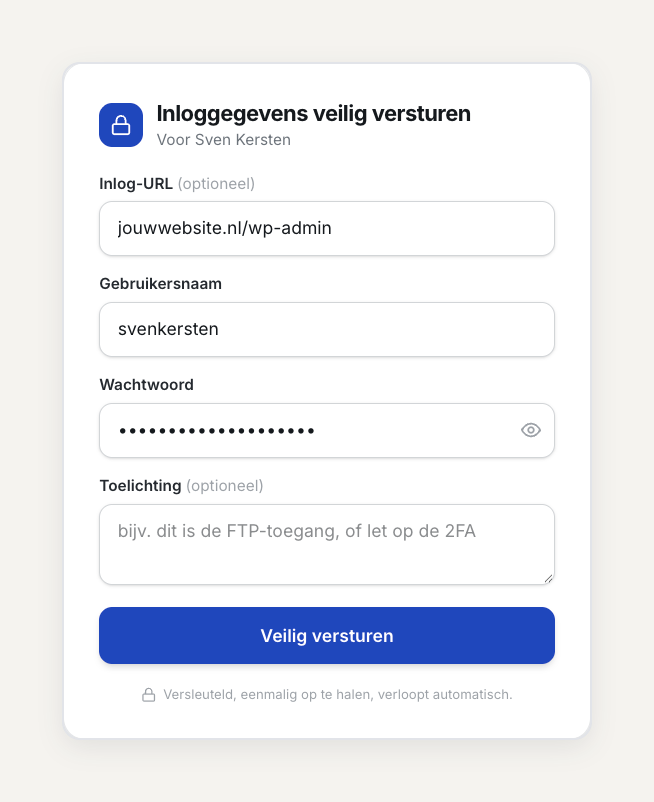 De pagina Inloggegevens veilig versturen op svenkersten.nl, waar je het inlogadres, de gebruikersnaam en het wachtwoord versleuteld naar mij stuurt