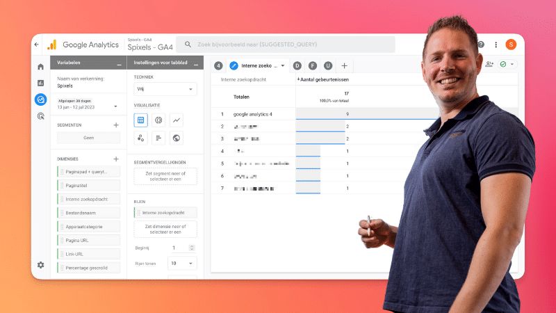 Sven Kersten naast het verkenningsscherm van Google Analytics 4, met een rapport over interne zoekopdrachten