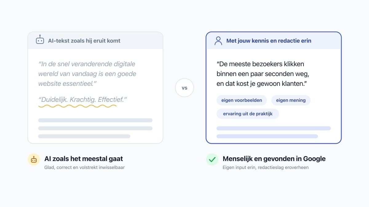 Twee tekstkaarten naast elkaar. Links AI-tekst met holle zinnen als in de snel veranderende digitale wereld en staccato-woorden, rechts dezelfde tekst met eigen voorbeelden, eigen mening en ervaring uit de praktijk erin verwerkt