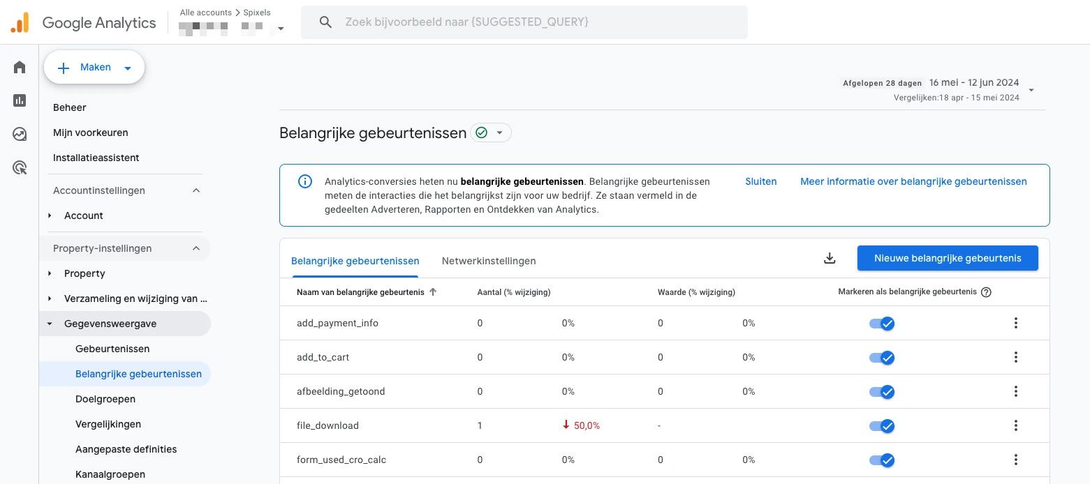 Het scherm Belangrijke gebeurtenissen in Google Analytics 4, met de melding dat conversies voortaan belangrijke gebeurtenissen heten en een lijst met gebeurtenissen die per stuk aan of uit staan