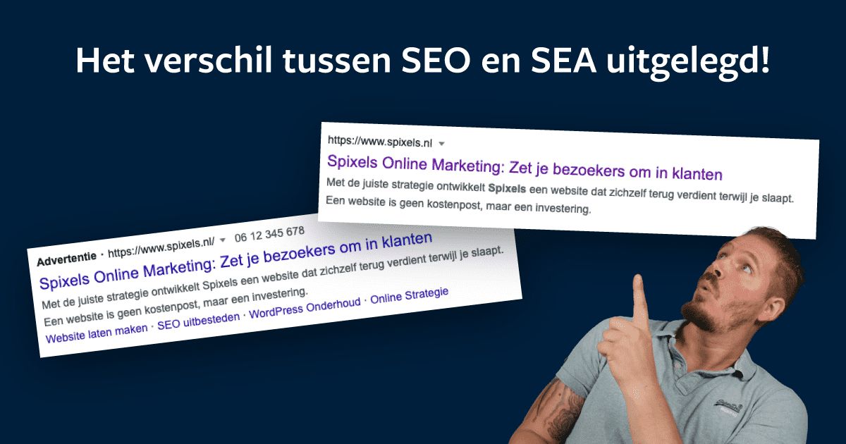 Twee zoekresultaten van Spixels naast elkaar, boven het organische resultaat en onder hetzelfde resultaat als advertentie, met Sven Kersten die er verbaasd naar omhoog wijst