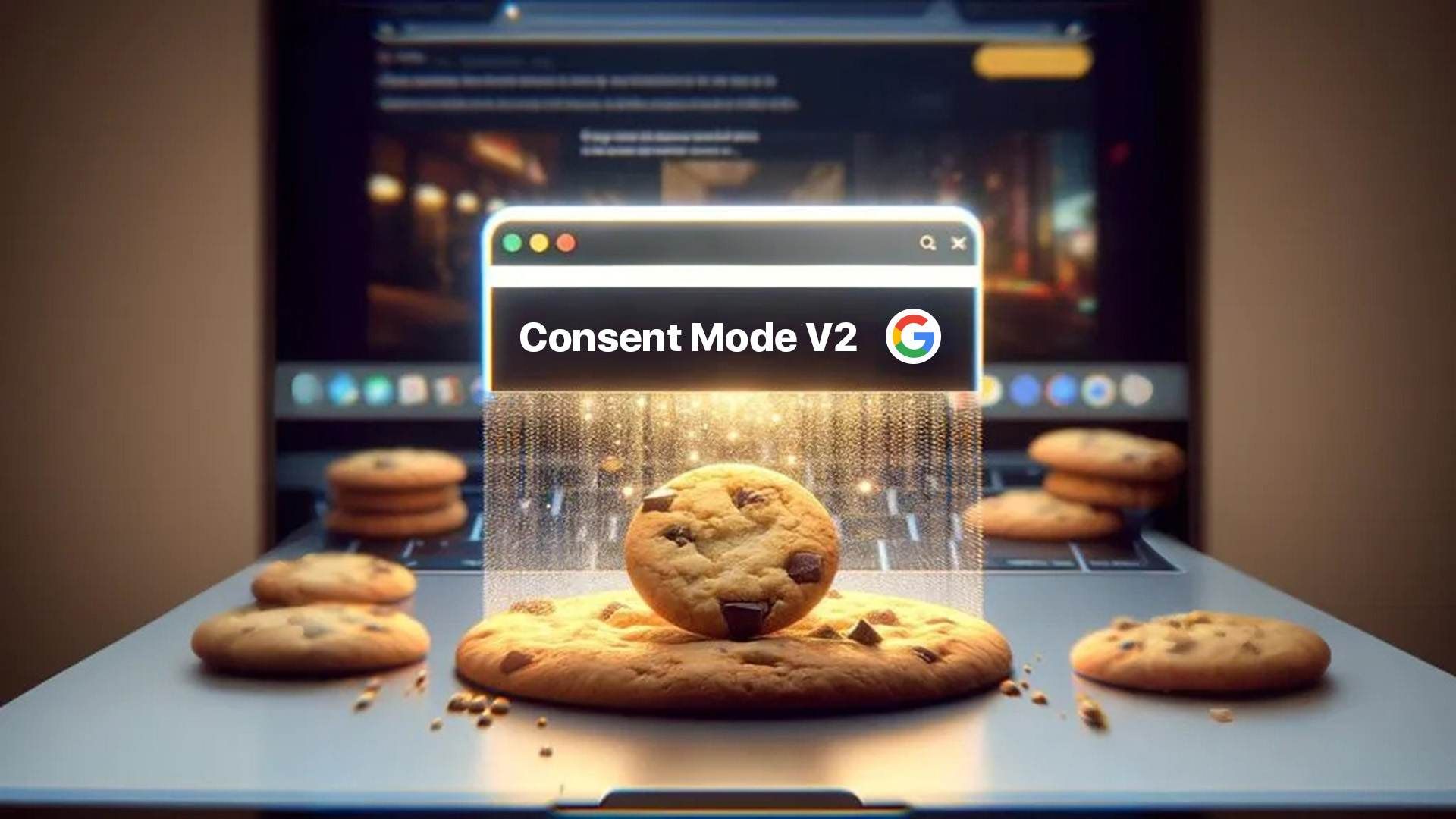 Een laptop met een browservenster waarin Consent Mode V2 staat naast het Google-logo, met koekjes op tafel eromheen