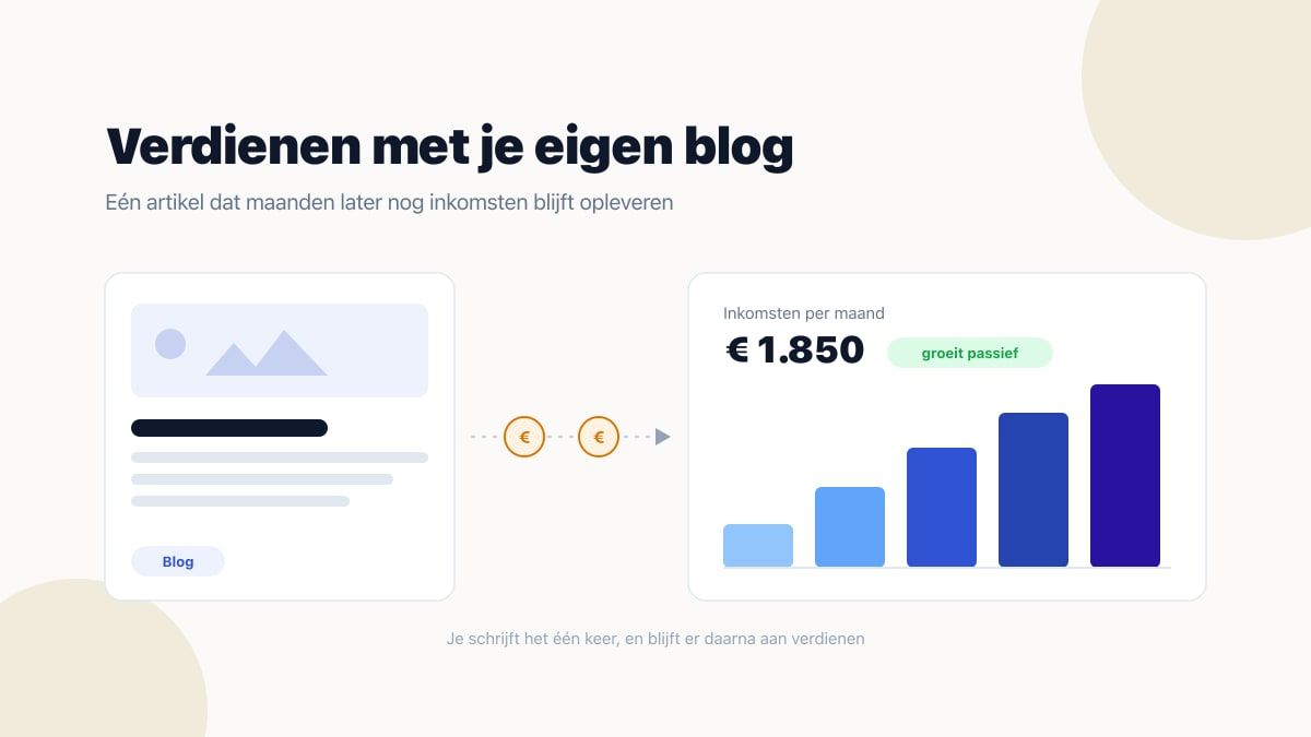 Links een blogartikel, rechts een kaart met 1.850 euro inkomsten per maand en een oplopende staafgrafiek met het label groeit passief, want je schrijft het artikel een keer en blijft er daarna aan verdienen