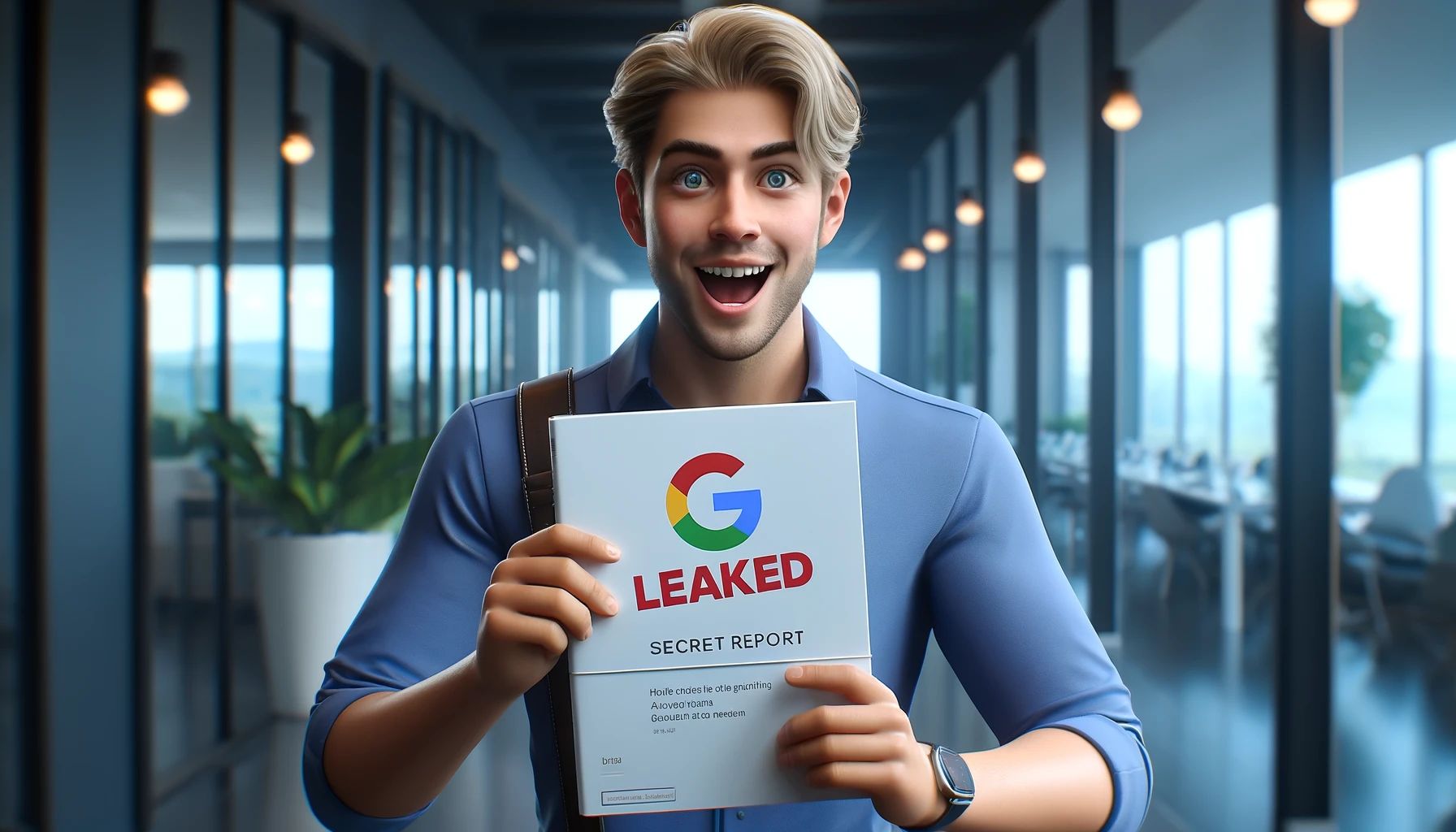 Een lachende man houdt een rapport omhoog met het Google-logo en de woorden Leaked en Secret Report erop