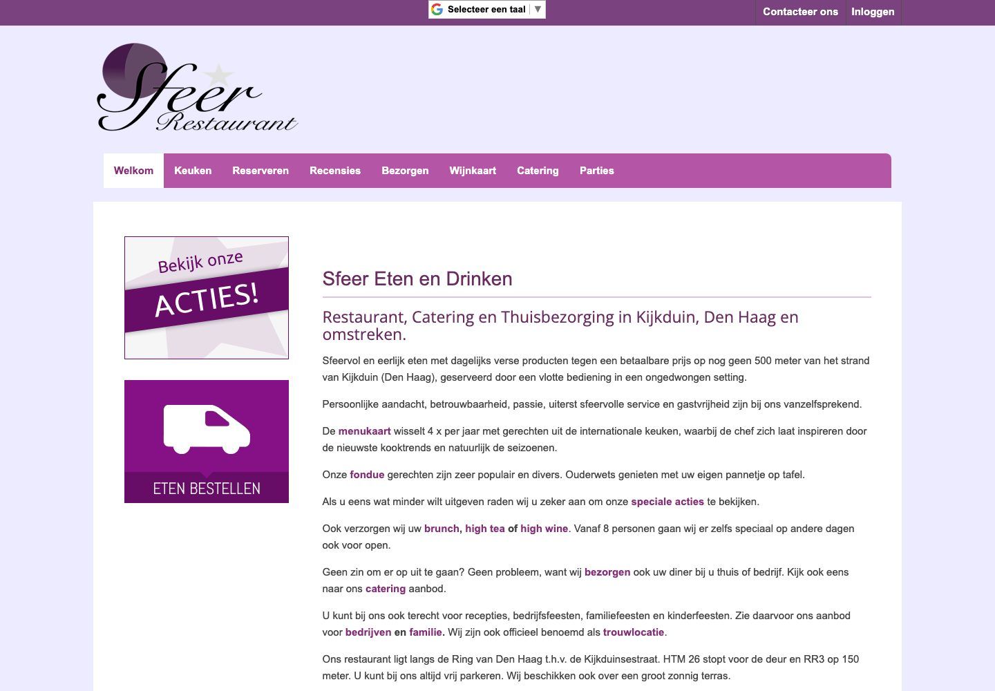 De website van Sfeer Eten en Drinken