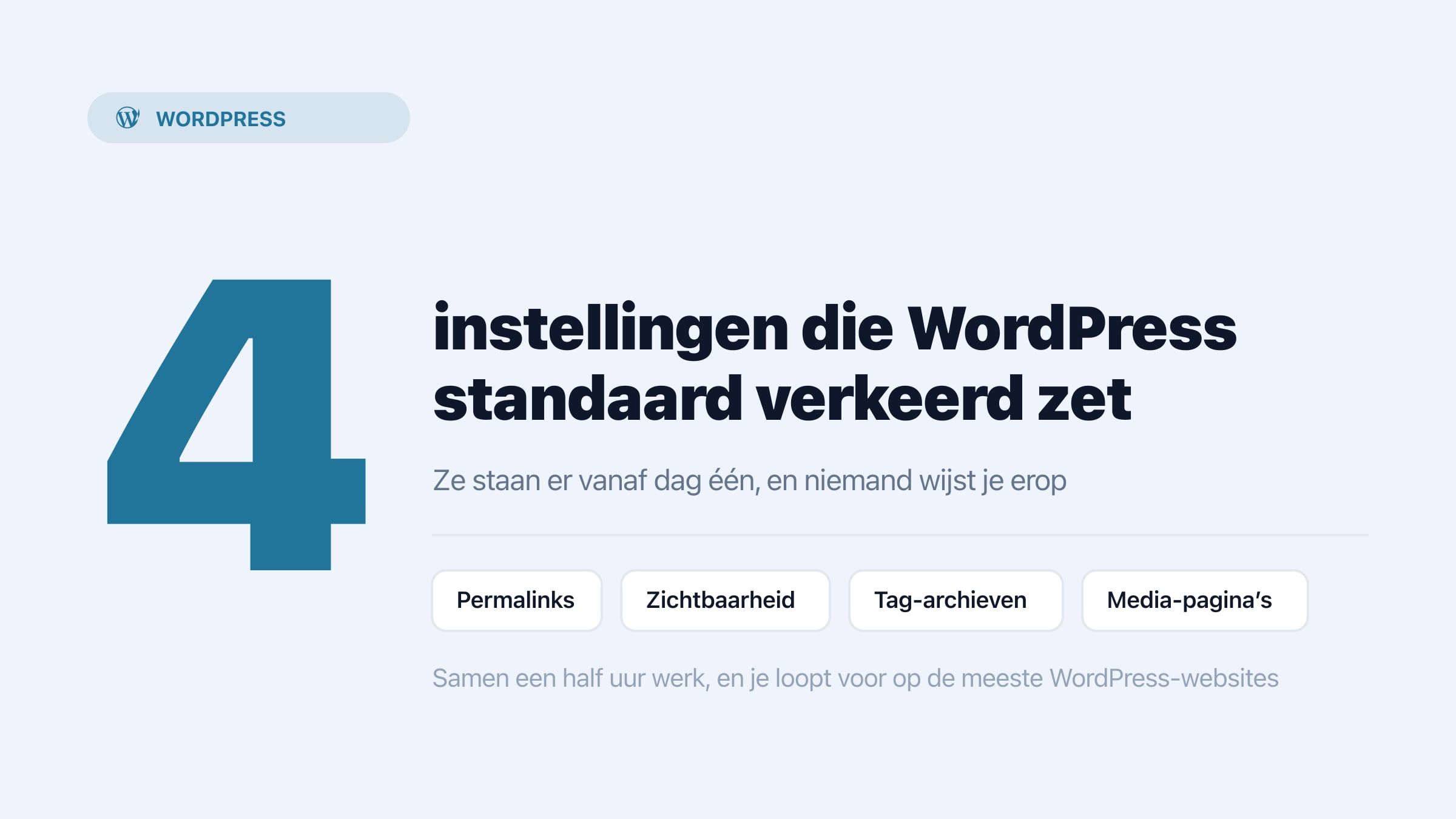 De vier instellingen die WordPress standaard verkeerd zet vanaf dag een: permalinks, zichtbaarheid, tag-archieven en media-pagina's, samen een half uur werk